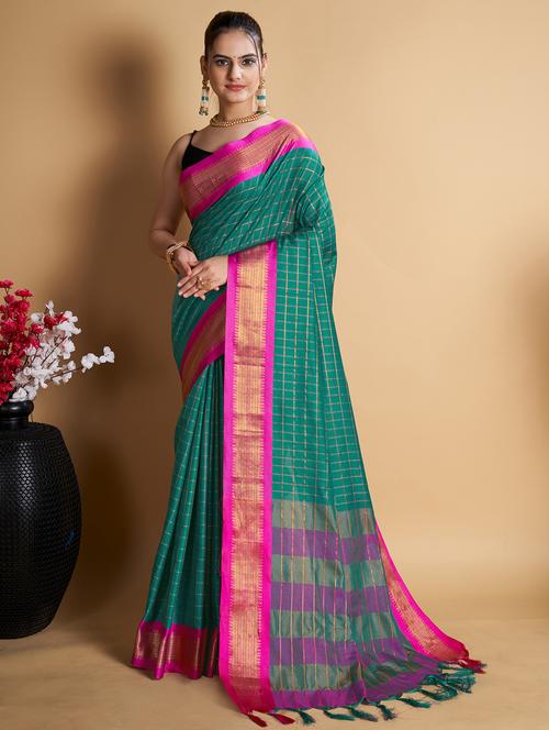 women checkered bordered saree with blouse - 22001340 - Very Small Image - 1