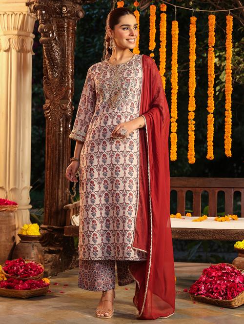 Women Printed Three Quarter Sleeve Kurta Palazzo With Dupatta Set - 22002359 - Very Small Image - 1