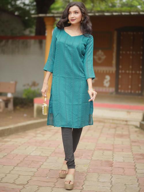 women self design three quarter sleeve straight kurta - 22003725 - Very Small Image - 1
