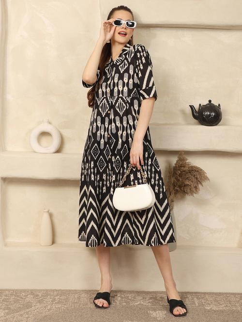 women printed lapel collar a-line dress - 22003751 - Very Small Image - 1