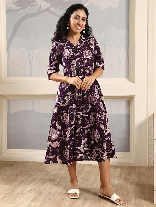 women floral print lapel collar fit & flare dress - 22003754 - Very Small Image - 1