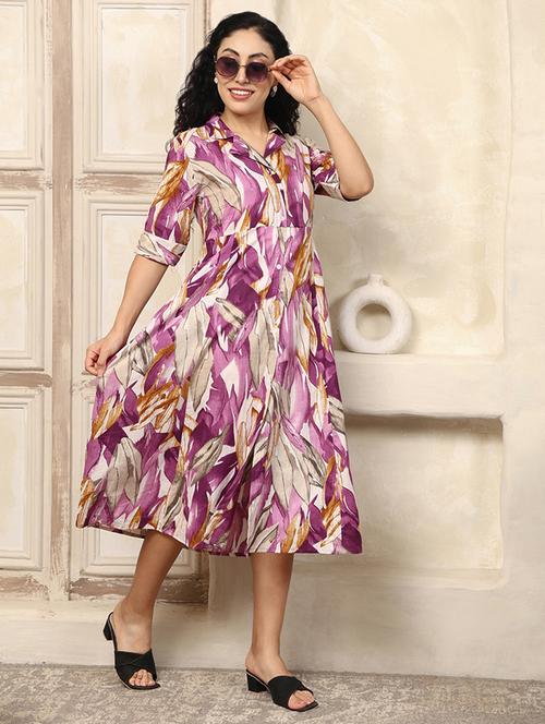 women printed lapel collar a-line dress - 22003755 - Very Small Image - 1