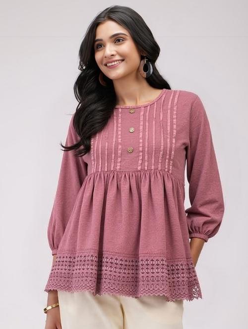 women mauve solid puff sleeve flared top - 22004451 - Very Small Image - 1