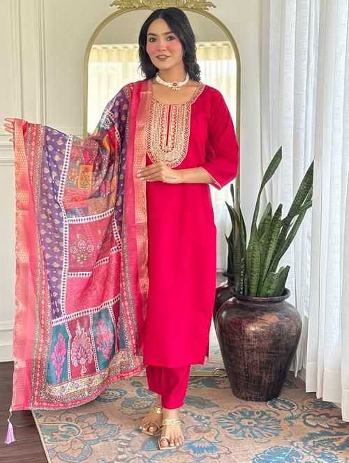 women embroidered three quarter sleeve kurta pant with dupatta set - 22004611 - Very Small Image - 1