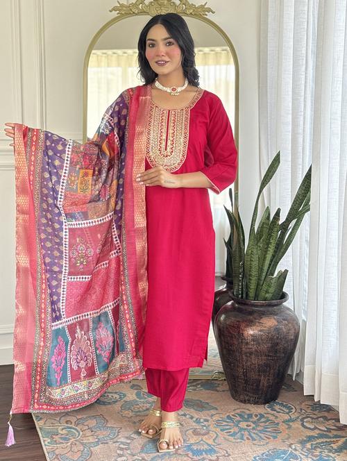 women embroidered three quarter sleeve kurta pant with dupatta set - 22004612 - Very Small Image - 1