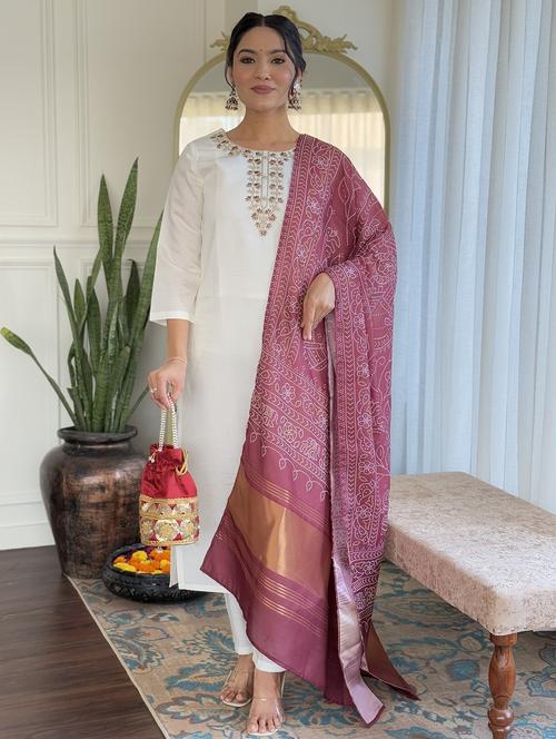 women embroidered three quarter sleeve kurta pant with dupatta set - 22004647 - Very Small Image - 1