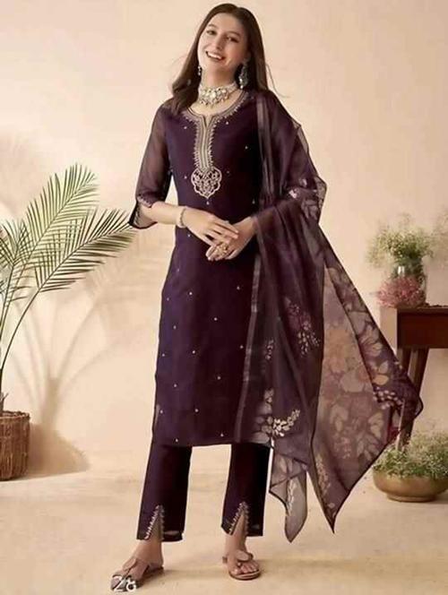 women embroidered three quarter sleeve kurta pant with dupatta set - 22004655 - Very Small Image - 1