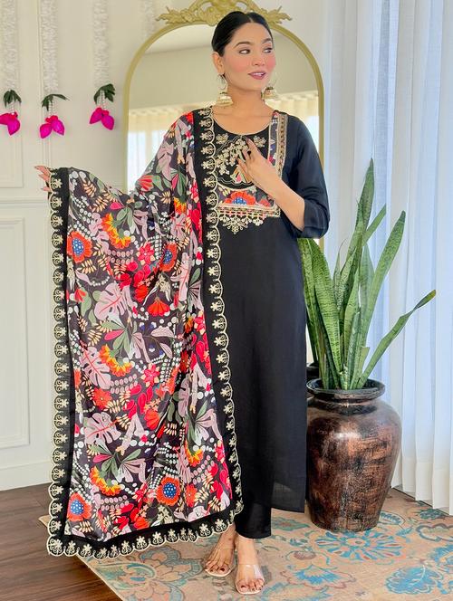 women embroidered three quarter sleeve kurta pant with dupatta set - 22004688 - Very Small Image - 1