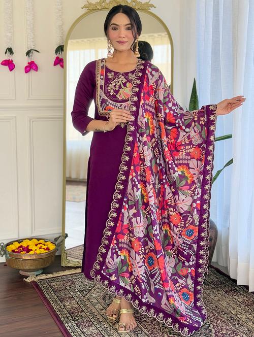 women embroidered three quarter sleeve kurta pant with dupatta set - 22004689 - Very Small Image - 1