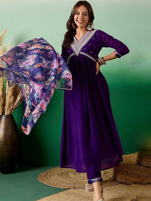 women embroidered three quarter sleeve kurta pant with dupatta set - 22004699 - Very Small Image - 1