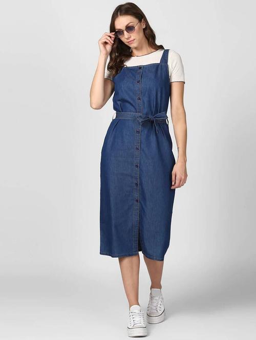 women blue solid shoulder strap dungaree dress - 22004908 - Very Small Image - 1
