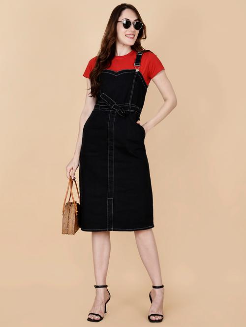 women solid shoulder strap denim dungaree dress - 22004919 - Very Small Image - 1