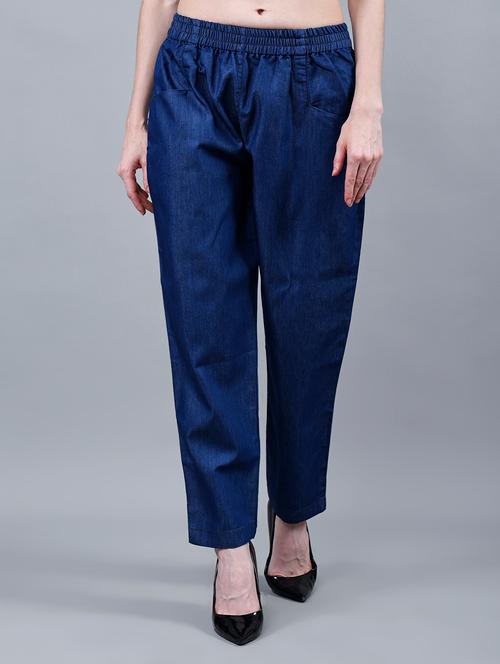 women solid mid rise denim tailored pants - 22004927 - Very Small Image - 1