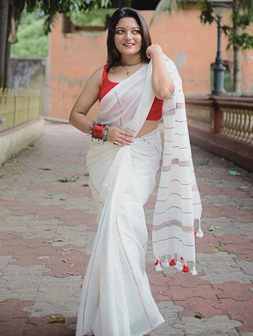 women white striped handloom saree with blouse - 22004941 - Very Small Image - 1