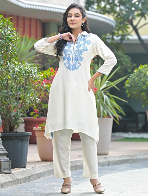 women solid with work three quarter sleeve kurta pant set - 22005469 - Very Small Image - 1