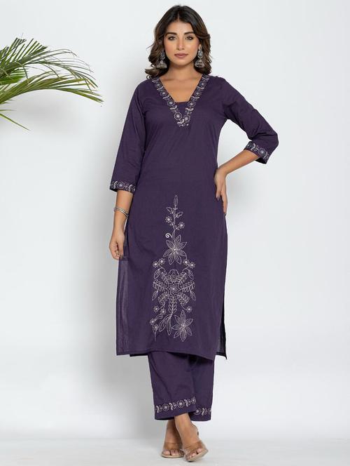 women solid with work three quarter sleeve kurta pant set - 22005472 - Very Small Image - 1