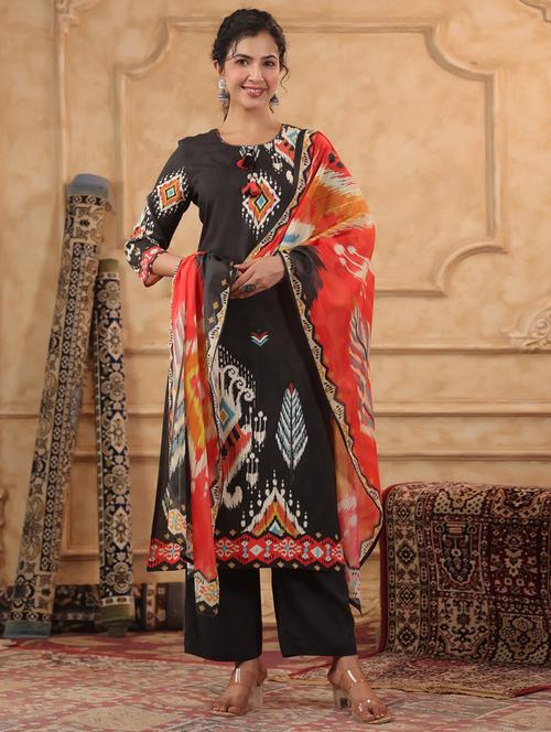 women ikat printed three quarter sleeve kurta pant set - 22005473 - Very Small Image - 1