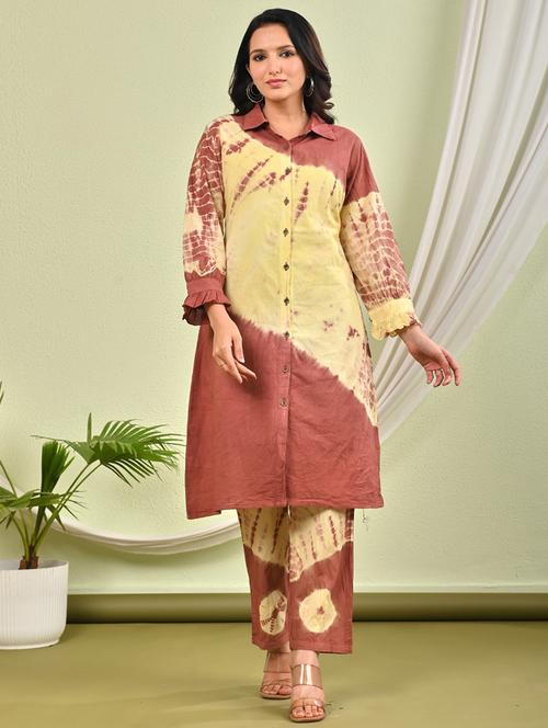women tie & dye printed long sleeve kurta pant set - 22006073 - Very Small Image - 1