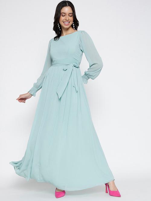 women solid bishop sleeve maxi fit & flare dress - 22007798 - Very Small Image - 1