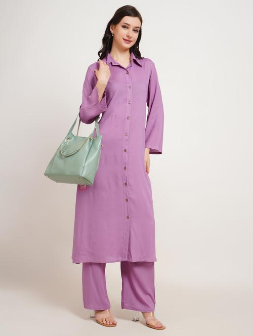 Women Solid Long Sleeve Kurta Pant Set - 22007890 - Very Small Image - 1
