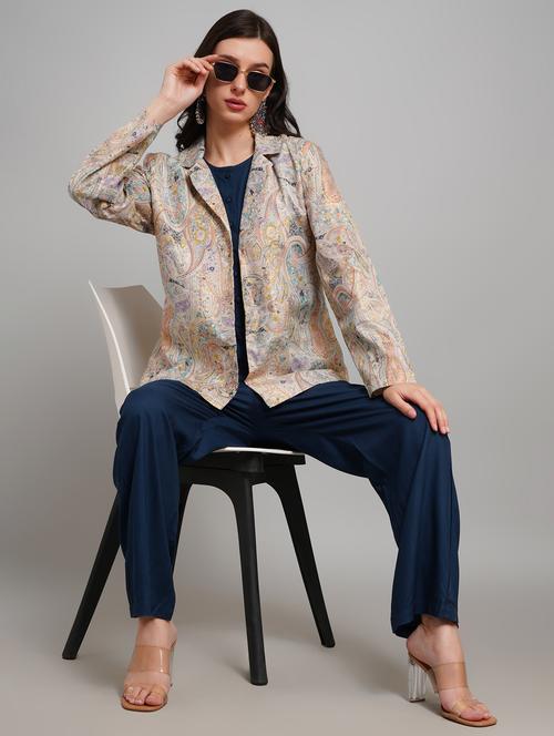 Women Solid Sleeveless Jumpsuit With Printed Blazer - 22007906 - Very Small Image - 1