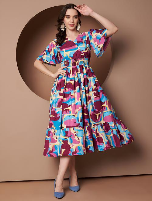 women abstract print flared sleeve tiered dress - 22008635 - Very Small Image - 1