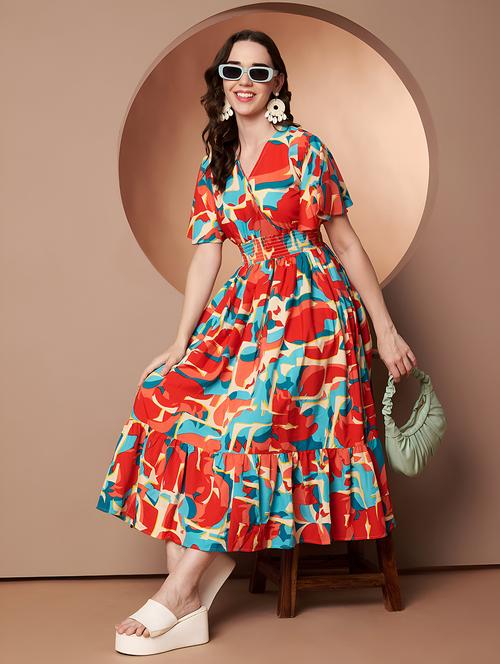 women abstract print flared sleeve tiered dress - 22008636 - Very Small Image - 1