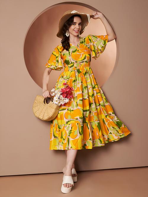 women abstract print flared sleeve tiered dress - 22008637 - Very Small Image - 1