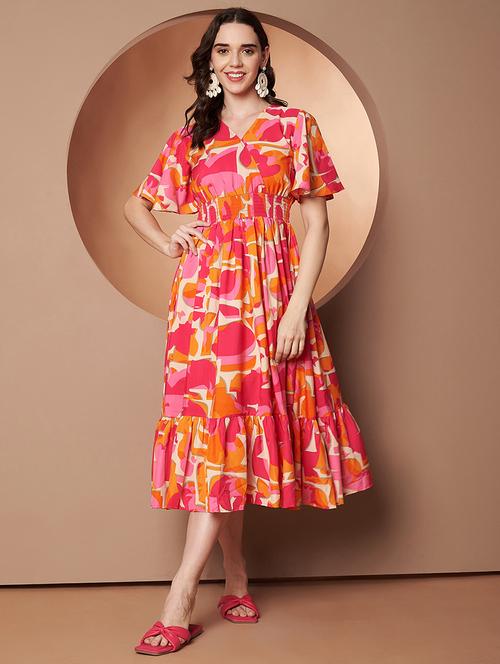 women abstract printed flared sleeve tiered dress - 22008739 - Very Small Image - 1