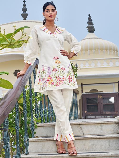 women solid with work three quarter sleeve ethnic co-ord set - 22009117 - Very Small Image - 1