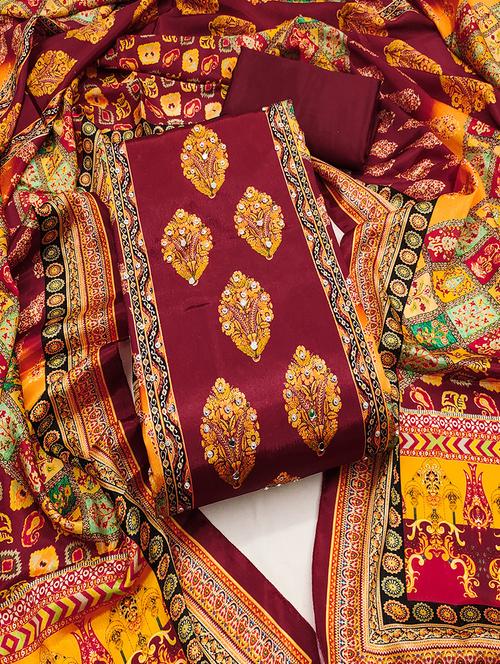 women printed mirror work unstitched suit set - 22009208 - Very Small Image - 1