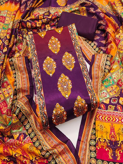 women printed mirror work unstitched suit set - 22009209 - Very Small Image - 1