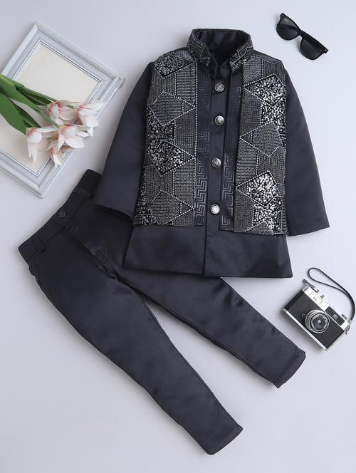 boys full sleeves solid indo blazer & trouser set with embroidered waistcoat - 22009662 - Very Small Image - 1
