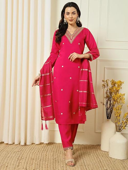women embroidered three quarter sleeve kurta pant with dupatta set - 22011268 - Very Small Image - 1
