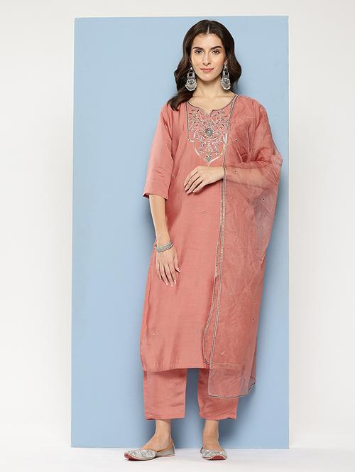 women embroidered three quarter sleeve kurta pant with dupatta set - 22012619 - Very Small Image - 1