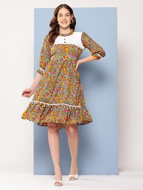 women printed mandarin neck tiered dress - 22012629 - Very Small Image - 1