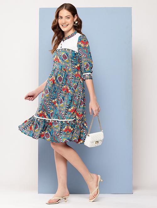 women printed mandarin neck tiered dress - 22012630 - Very Small Image - 1