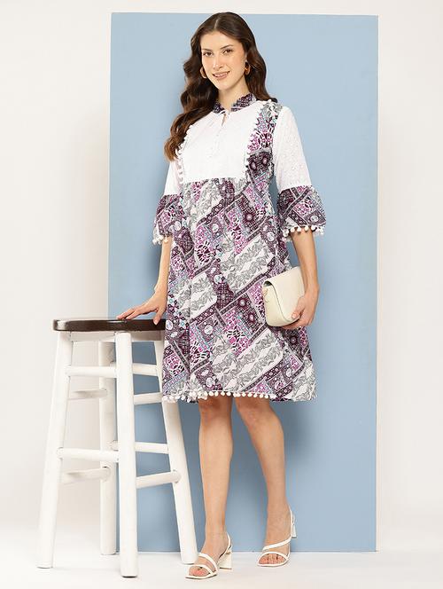 women printed mandarin neck a-line dress - 22012632 - Very Small Image - 1