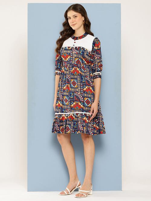 women printed mandarin neck tiered dress - 22012633 - Very Small Image - 1