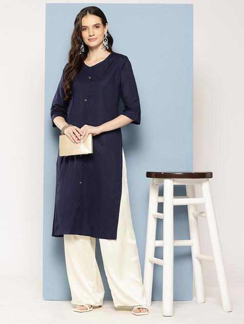 women solid three quarter sleeve straight kurta - 22012659 - Very Small Image - 1