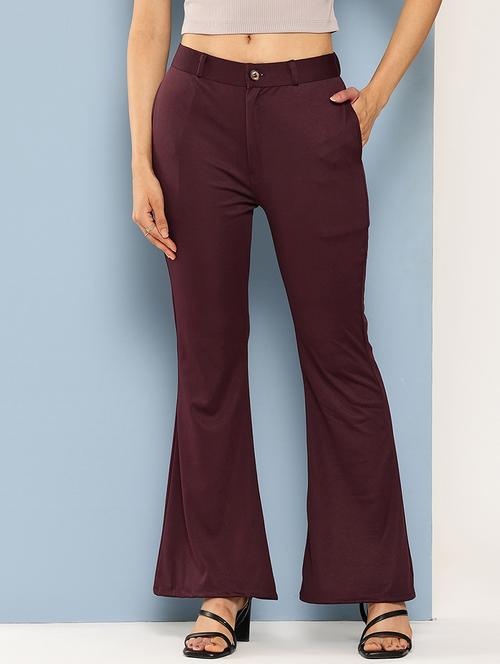maroon crepe flared casual trousers - 22012693 - Very Small Image - 1