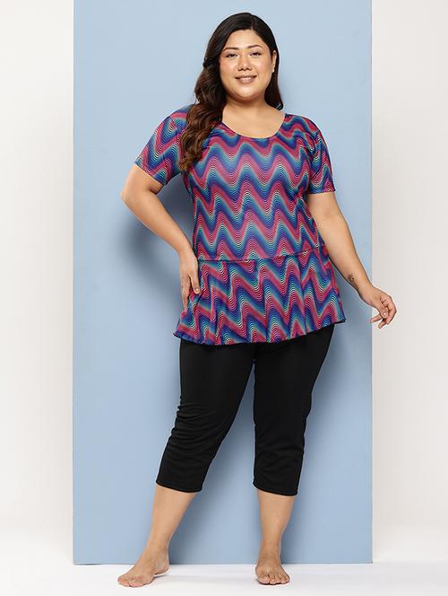 women plus size printed round neck swimsuit with cap - 22012743 - Very Small Image - 1