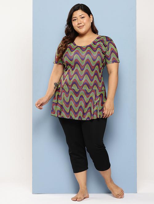 women plus size printed round neck swimsuit with cap - 22012744 - Very Small Image - 1