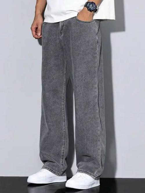 men grey plain mid rise baggy jeans - 22012911 - Very Small Image - 1