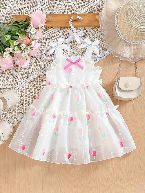 girls floral print bow detailed shoulder strap frock - 22012945 - Very Small Image - 1