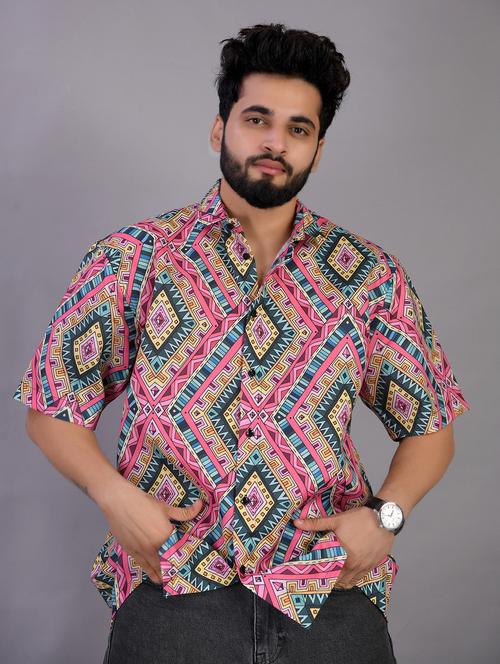 men geometric printed short sleeve oversized casual shirt - 22012961 - Very Small Image - 1