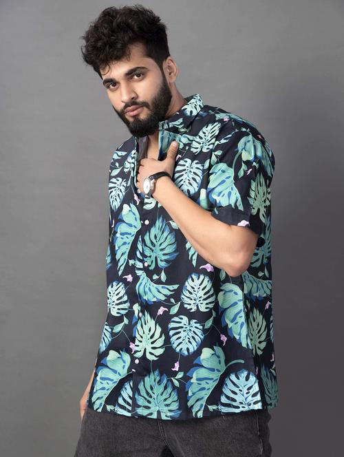 men leaf printed short sleeve oversized casual shirt - 22013227 - Very Small Image - 1