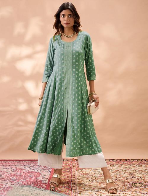 globus women mint green round neck ethnic print front slit flared hem panelled a-line kurta - 22013347 - Very Small Image - 1