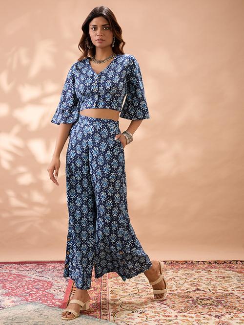 globus women navy blue ethnic print v-neck flared sleeves crop top with wide leg trousers co-ord set - 22013418 - Very Small Image - 1