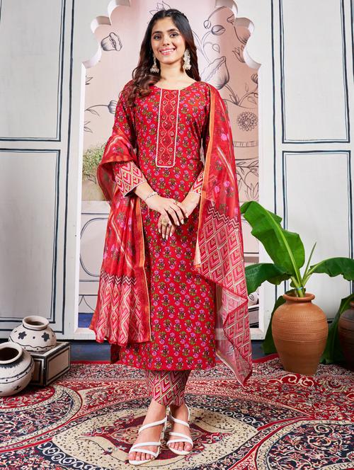 women printed three quarter sleeve kurta pant with dupatta set - 22014219 - Very Small Image - 1